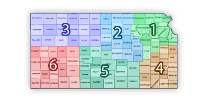 Map of KDOT District Areas 1 - 6